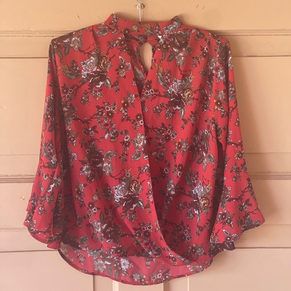 Monteau Red and Gray Wrap Blouse with Bell Sleeves NWOT - Picture 1 of 13